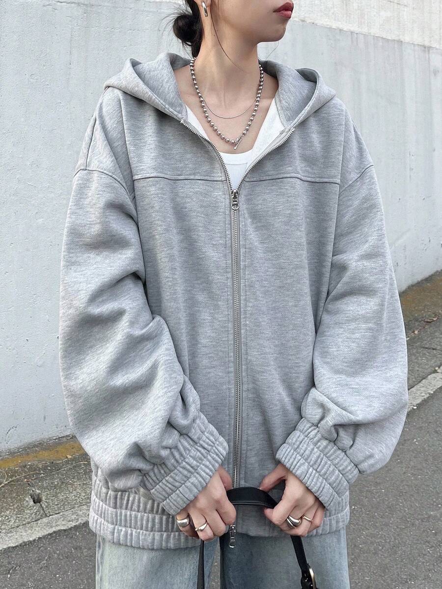 FRIFUL Women's Floral Gray Hooded Drop Shoulder Long Sleeve Drawstring Hem Zipper Closure Loose Casual Versatile Fleece Sweatshirt, Autumn Jacket,Winter Hoodies - Grey - View 1