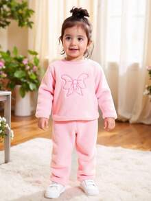 SHEIN 2 件套女婴时尚可爱舒适蝴蝶刺绣羊毛圆领长袖运动衫和裤子套装，秋冬 - 粉色 - 查看 1