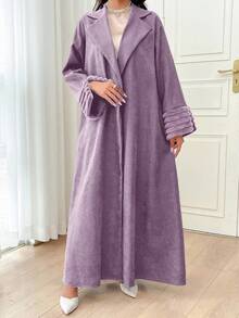 Al Najma 女士纯色拼接仿皮草袖口休闲长款优雅阿拉伯长袍外套，休闲超长长袍长袍，适合日常休闲/晚会 - 紫色 - 查看 2