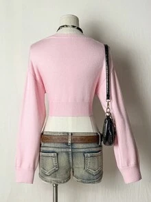 EgrlEra Áo len nữ dài tay cổ chữ V trơn, kiểu dáng thường ngày, thích hợp mặc mùa thu đông. - Hồng - Xem 2