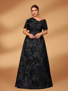 Serin 大码秋冬优雅华丽黑色纱染提花缎面露肩不对称蝴蝶结设计A字裙摆连衣裙，适合晚宴、约会、节日、舞会、婚礼、晚宴、新娘、母亲礼服、婚礼宾客、情人节等场合。 - 黑色 - 查看 7