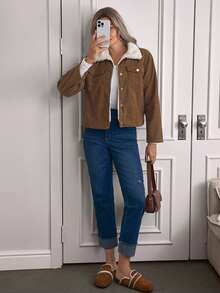 Louniche Casual Color Block Fluffy Collar Thermal Lined Jacket, Autumn/Winter - Brown - View 7