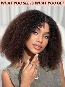 Density Pro Kinky Curly Glueless Wig With Bangs Put On And Go 4x4 Lace Closure Wig Per-Plucked Per-Cut Transparent Lace Human Hair Wigs 1b30 Ombre Brown Wig 200% Dnesity Brazilian Human Hair Wig For Beginners - SNatural/4 - View 5