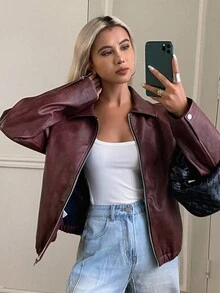 DAZY 秋冬新款宽松休闲PU酒红色女式夹克外套皮夹克 - 紅色 - 查看 2