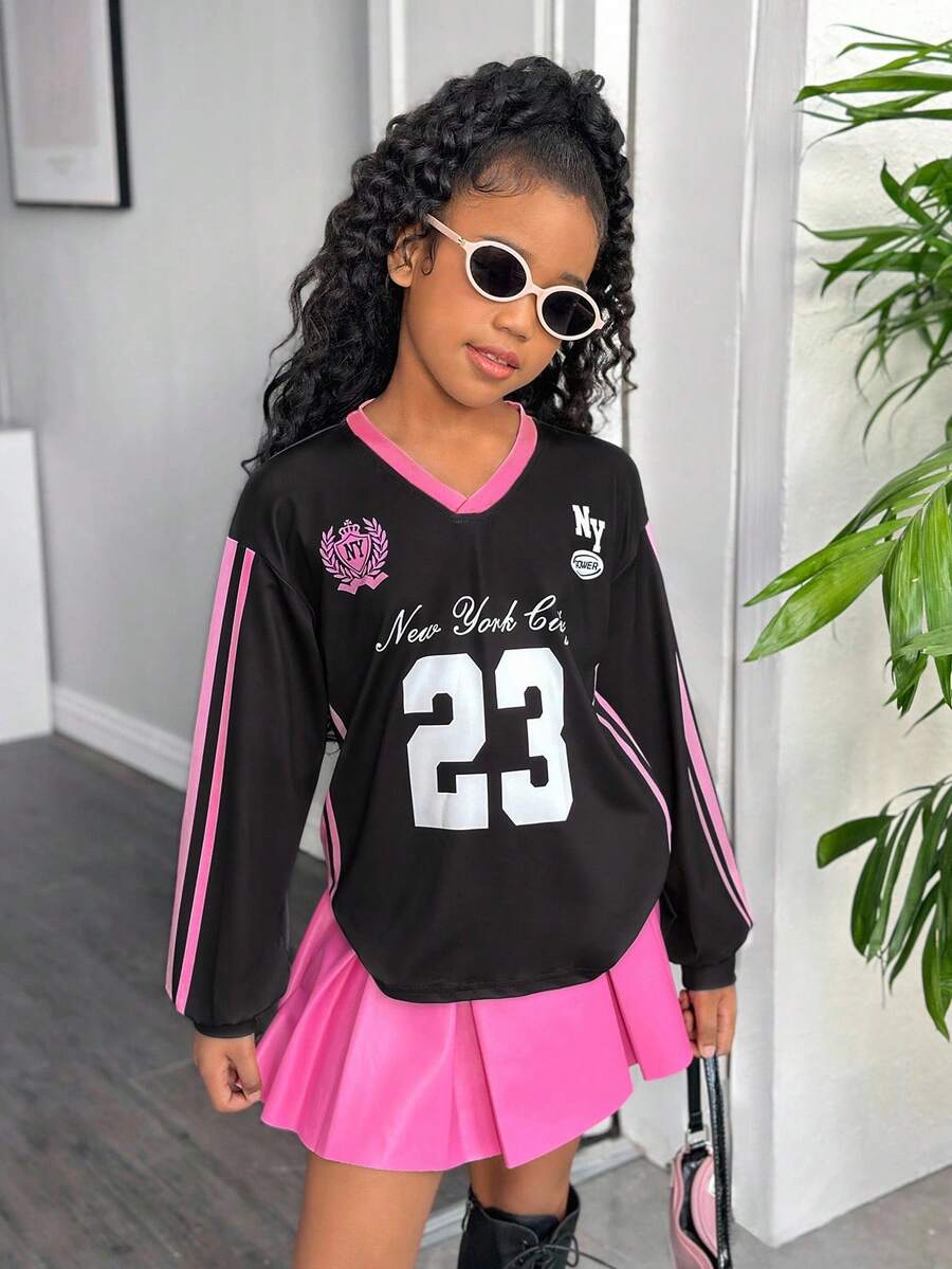 Tween Girl Letter Print V-Neck Loose Casual Sweatshirt - Multicolor - View 1