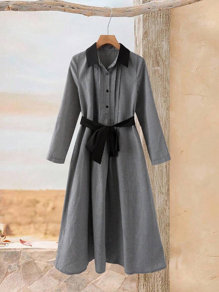 Women's Black And White Striped Plaid Print Belted Dress,Elegant Office Casual Commuter Winter Autumn Clothes,Long Fall Dresses For Women Outfit
