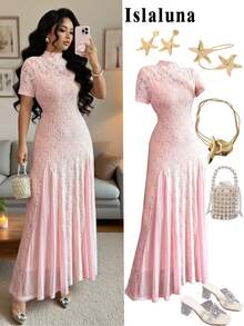 Islaluna فستان نسائي أنيق بدون أكمام ، قصير ، مطرز بالدانتيل ، قصة A كبيرة ، مع شبكة ، أكمام قصيرة ، طراز ربيعي وصيفي للنساء