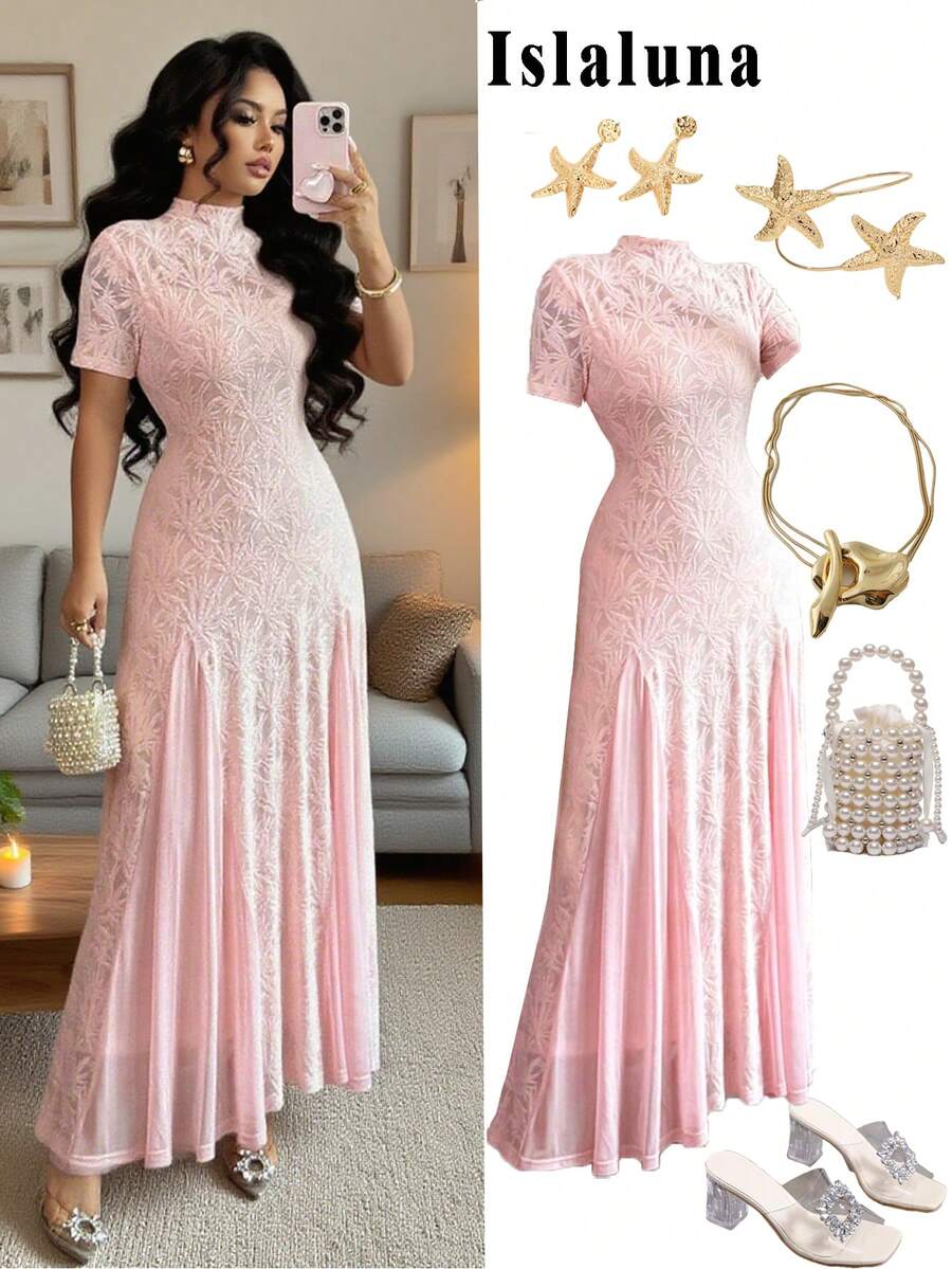 Islaluna فستان نسائي أنيق بدون أكمام ، قصير ، مطرز بالدانتيل ، قصة A كبيرة ، مع شبكة ، أكمام قصيرة ، طراز ربيعي وصيفي للنساء