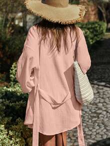 EURMUSE 2pcs Textured Cotton Crinkle Casual Shirt And Shorts Set - Pink - View 2