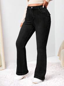 EURMUSE Plus Size Casual Washed Slim Flare Jeans - Black - View 4