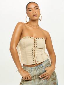 SUMWON WOMEN Denim Eyelet Lace Up Corset Top With Fringe Detail Strapless Bustier