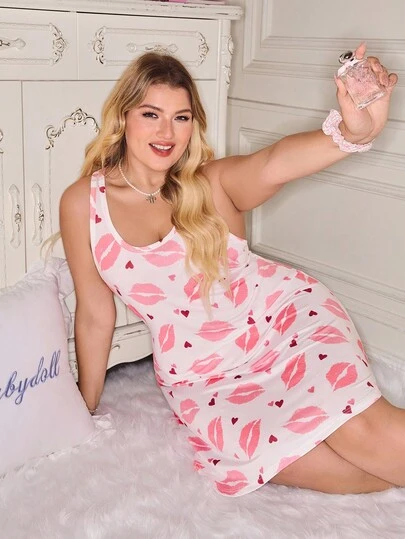 Plus Size Lip Print Heart Graphic Camisole Nightgown Plus Size Slip Dress Plus Size Sleep Dress