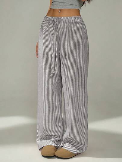 SHEIN PETITE 娇小女士粉色和白色休闲家居条纹长裤适合春夏季