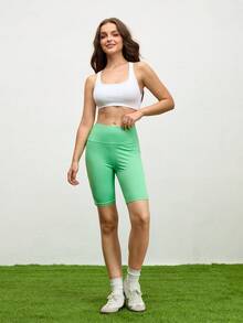 Cheerettes Quần short thể thao liền mạch cạp cao màu trơn dành cho nữ, quần short biker - màu xanh lá - Xem 5