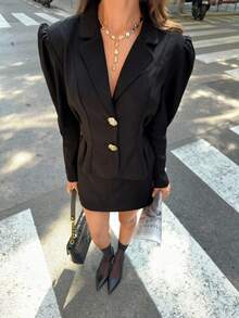 Siren Gaze Conjunto de chaqueta y falda de unicolor elegante para mujer con mangas abullonadas para la temporada de otoño/invierno - Negro - Ver 5
