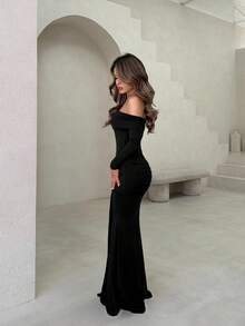 Jemour 露肩长袖超长连衣裙度假夏春浪漫婚礼宾客生日，优雅假日伊比沙岛婚礼宾客，优雅，生日，教堂，夜间外出 - 黑色 - 查看 4