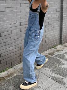 Manfinity Roghcode 男士休闲时尚街头学院风斜口袋宽松牛仔阔腿背带裤