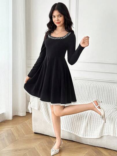 SHEIN 少女黑色复古蕾丝边优雅串珠 U 领 A 字迷你连衣裙、派对连衣裙、长袖迷你连衣裙，适合外出、派对、毕业典礼，适合万圣节、圣诞节