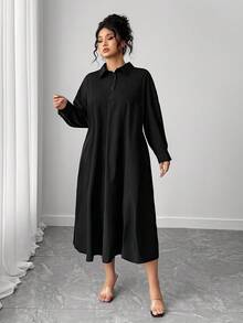SHEIN PETITE CURVE Plus Size Solid Color Casual Loose Fit Shirt Dress - Black - View 5