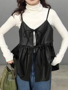 FRIFUL 女式纯黑色 PU 面料系带抽绳宽松百搭分层休闲吊带背心，适合机场旅行、休闲外出、度假 - 黑色 - 查看 3