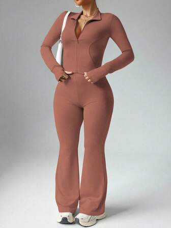 Slayform Women's Plus Size Casual Zip-Up Jacket With Thumb Hole & High Waist Flare Pants 2 Pieces Set Long Sleeve Jumpsuit Brown Two Piece Set Brown Flare Pants Set Brown Jumpsuit Brown Body Suit