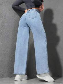 SHEIN ICON Plus Size Women Casual Vintage Washed Pocket Wide Leg Loose Jeans - Light Wash - View 2