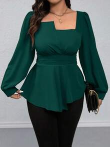 Rometta Áo sơ mi tay dài cổ vuông màu trơn viền bèo nhún cỡ lớn, thường ngày cho dịp Giáng sinh, áo peplum - Màu xanh lá cây đậm - Xem 4
