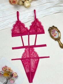 Classic Sexy Women's Hollow Out Design Spaghetti Strap French Lace Bodysuit Lingerie - Watermelon Pink - View 6