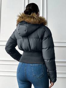 EURMUSE Women's Solid Color Fuzzy Patchwork Front Zip Long Sleeve Casual Padded Coat - Dusty Blue - View 2