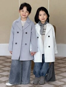 Genkimix Kids 少女简约双排扣纯色羊毛大衣 - 米色 - 查看 3