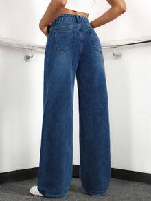 EURMUSE Women's Loose Fit Casual Denim Jeans With Side Pockets And Wide-Leg Design - Dark Wash - View 2
