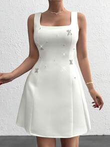 EURMUSE A-Line Shaped Rhinestone Embellishment Princess Line Detailed Mini Elegant Dress, Party Dress - White - View 4