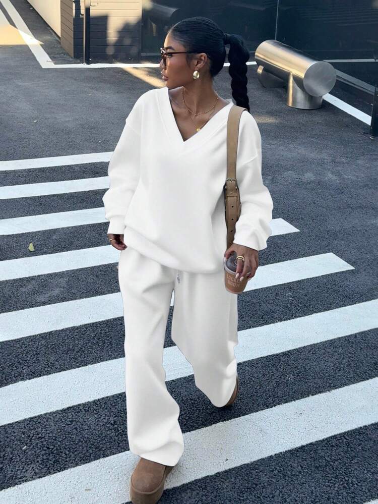 SHEIN EZwear 2 pièces Ensemble Sweat-shirt-shirt et pantalon de jogging ample en polaire douce et élastique à col en V pour femmes, décontracté pour l'automne/l'hiver