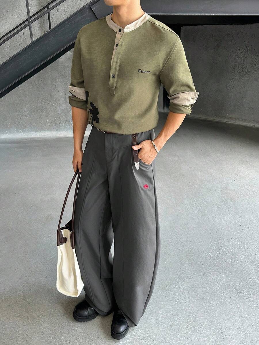 SWAVVY Pantalon ample décontracté de couleur unie pour hommes, automne - Gris - Voir 1