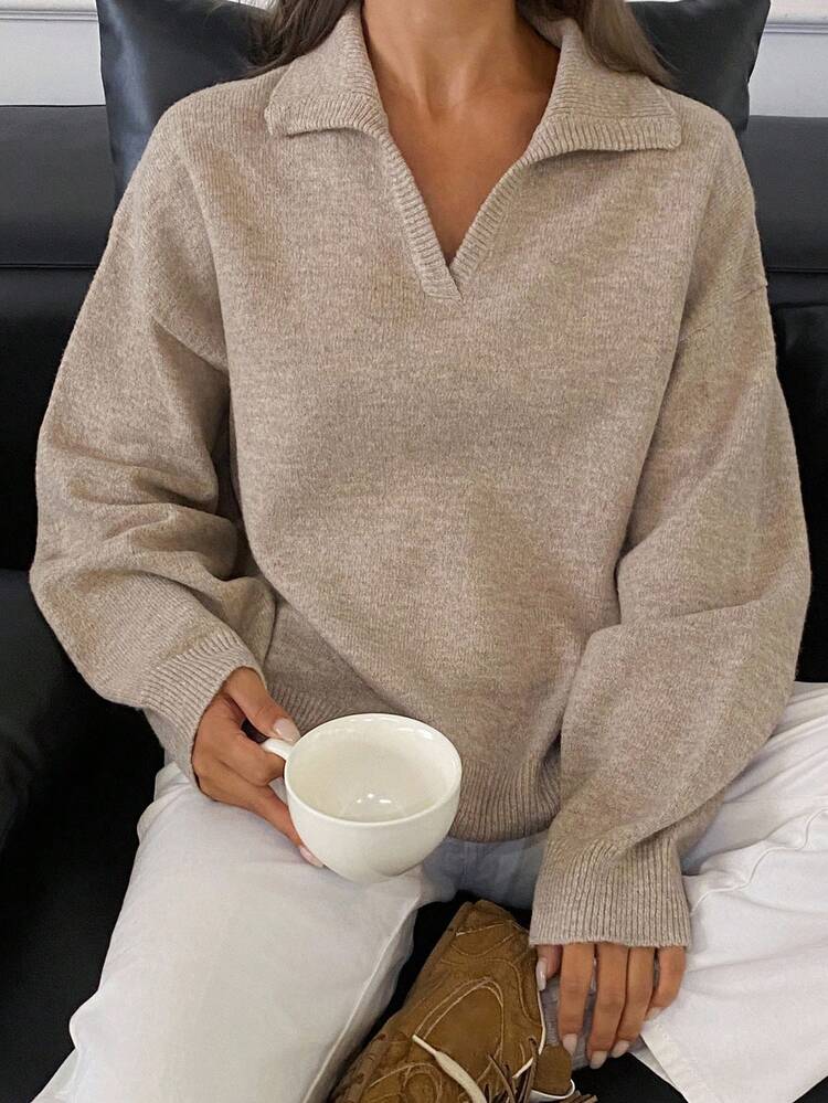Women's Loose Fit Turndown Collar Long Sleeve Pullover Casual Street Knit Sweater, Solid Color, Autumn/Winter