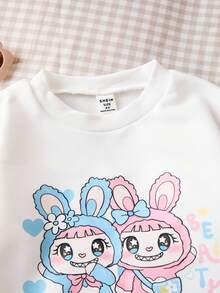 SHEIN 女孩休闲可爱宽松印花圆领长袖基本款卫衣，适合日常通勤、休闲、度假、与朋友聚会、街头摄影、秋冬 - 白色 - 查看 3