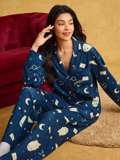 HARRY POTTER X SHEIN Set pigiama donna con stampa di gatti e gufi, con bottoni davanti, maniche lunghe e pantaloni, abbigliamento autunno inverno, outfit comodo