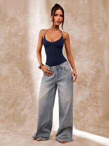 SHEIN BAE Brown Beaded Spaghetti Strap Bodysuit For Women, Summer Tight Sexy Retro Camisole Bodysuit, Beach Vacation Camisole, Beaded Camisole - Navy Blue - View 4