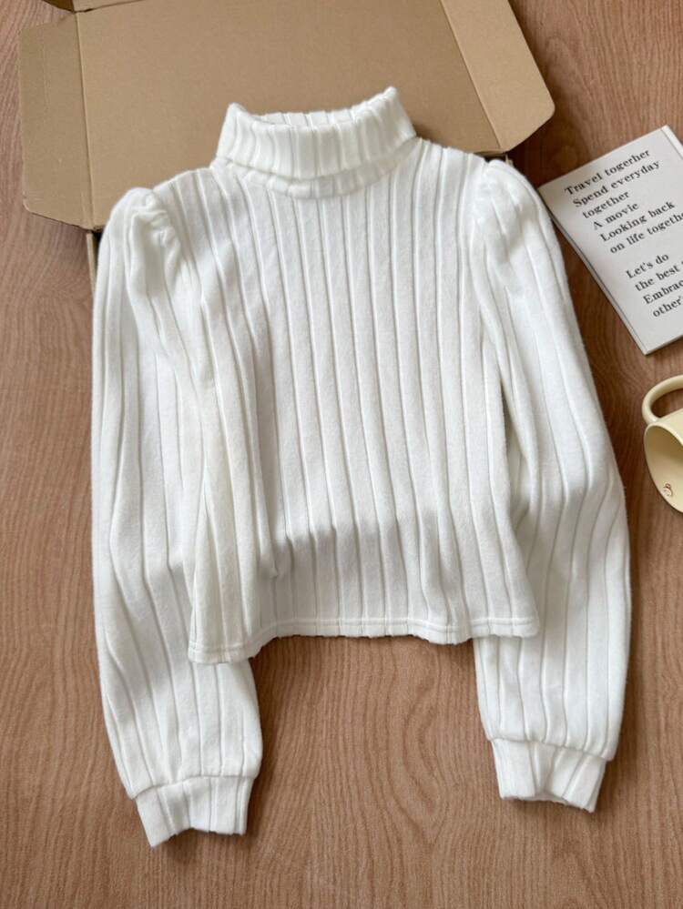 SHEIN חולצת טי עם שרוולים ארוכים וצווארון גולף מבד מצולע לבן אחיד לבנות, לבוש יומיומי קז'ואל, תואם לאמא ואני, סתיו שיקי - לבן - ראה 2