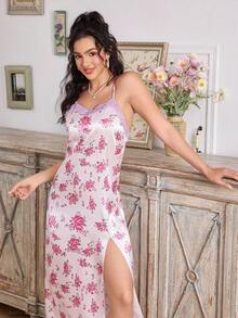 CottageSlumber 浪漫花卉蕾丝拼布吊带睡袍，适合秋季度假 - 粉色 - 查看 2