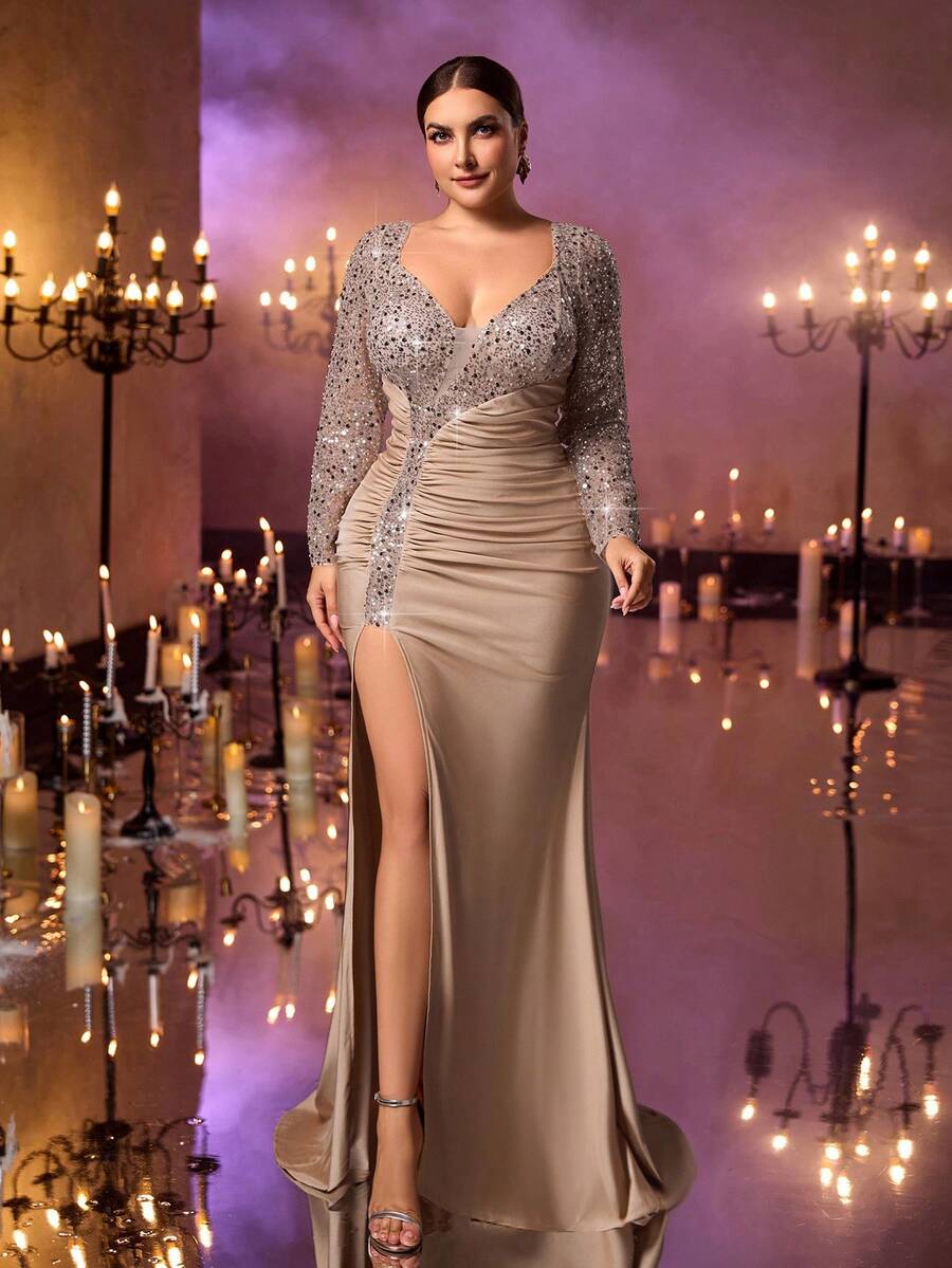 Glamrae 加大码优雅奢华卡其色串珠花卉亮片拼布弹力针织泳衣，搭配褶饰性感开衩鱼尾裙，适合婚礼、单身派对、度假、庆典、正式场合（重度点缀） - 卡其色 - 查看 1