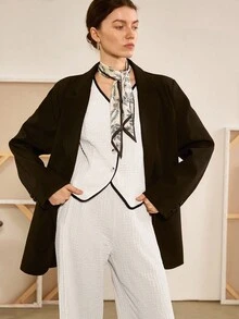 Chiquease Women's Spring/Autumn Bohemian Button Decor V-Neck Short Vest Matched With Long Wide-Leg Pants Commuter Outfit, Apricot Tweed Contrast Color Set - Apricot - View 6