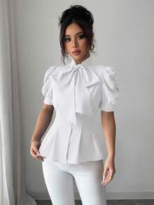 Elenzga Fashionable & Elegant Bow Waist Pleated Women Blouse - White - View 3