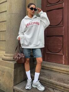DAZY Sudadera con capucha de estilo callejero holgada con estampado de letras, sudaderas con capucha de invierno para mujer - Gris Claro - Ver 5