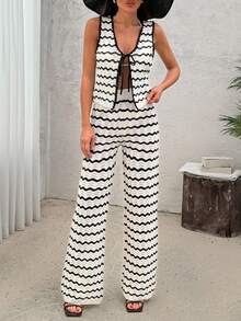 EURMUSE 2pcs/Set French Striped Wavy Beach Knit Set - Multicolor - View 3