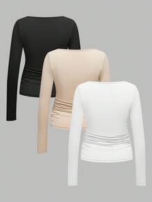 SHEIN 孕妇三件套纯色褶皱圆领长袖修身T恤 孕妇装 孕妇哺乳上衣 孕妇上衣 孕妇衬衫 - 彩色 - 查看 2