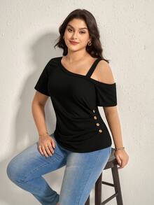 Comfylo Plus Size Summer Casual Solid Color Asymmetric Collar Ruched T-Shirt Business Casual Fall Clothes Plus Size Business Casual Fall Clothes Plus Size - Black - View 8