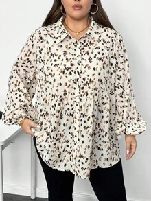 SHEIN CURVE+ 大码女士休闲灯笼袖印花衬衫，适合春秋冬/秋冬 - 彩色 - 查看 5