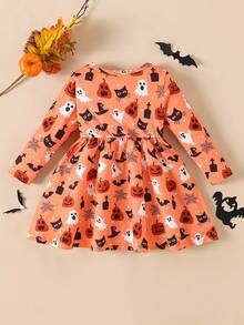 SHEIN Playful Pals 女婴万圣节幽灵和南瓜印花可爱休闲舒适长袖节日连衣裙，适合万圣节派对 - 彩色 - 查看 2