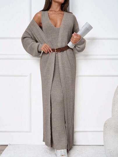 SHEIN Tall Women's Oversized Drop Shoulder Knitted Sweater Dress & Cardigan Two Pieces Set